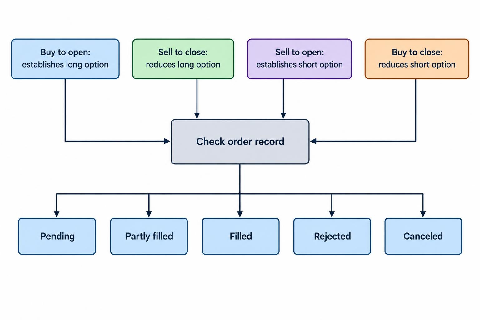 A labeled comparison showing which order action opens or reduces a long or short option position, followed by checking the order's reported status.