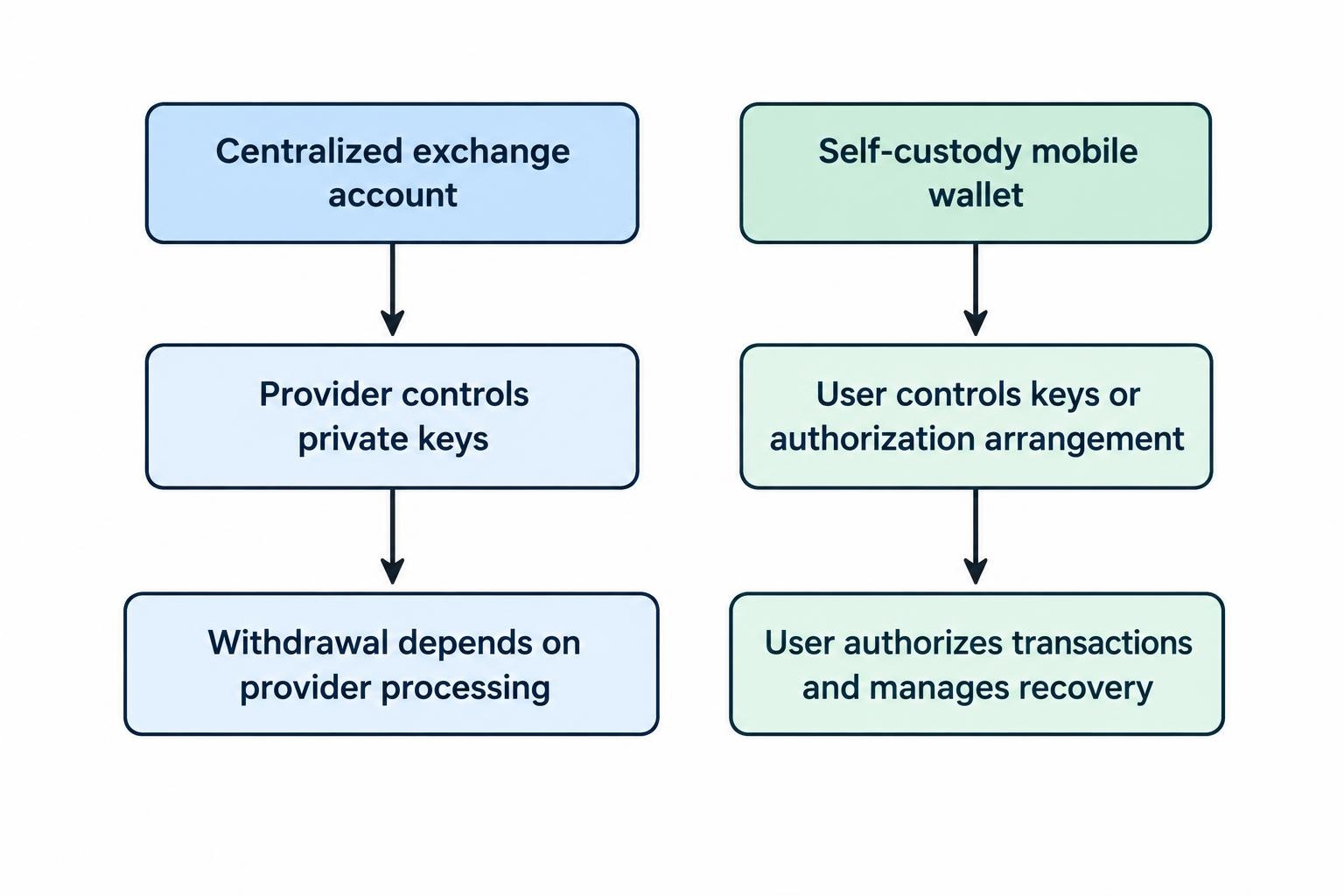 A comparison showing that an exchange controls the keys and processes withdrawals, while a self-custody wallet user controls transaction authorization and must manage recovery.